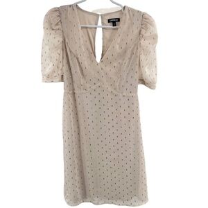 Express cream gold metallic embroidered sheer puff sleeve S mini dress keyhole
